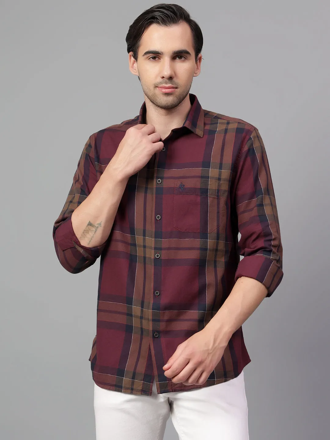 Men's Maroon Checked Full Sleeve Casual Shirt