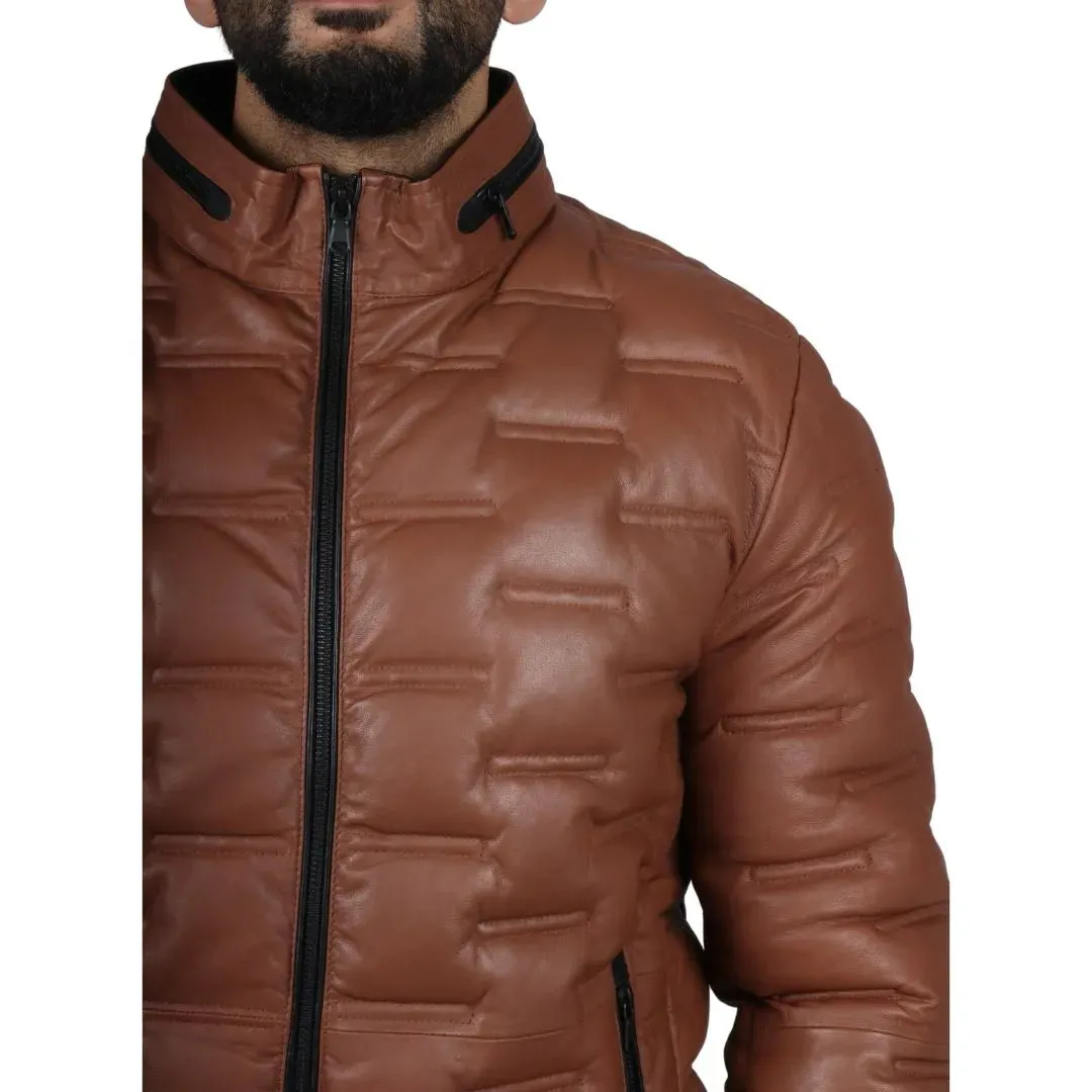 Men's Puffer Quilted Real Leather Waist Length Jacket