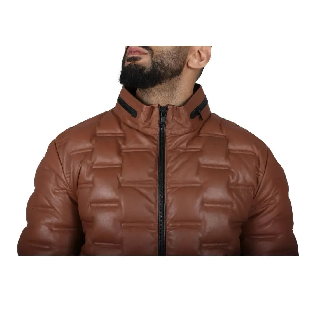 Men's Puffer Quilted Real Leather Waist Length Jacket