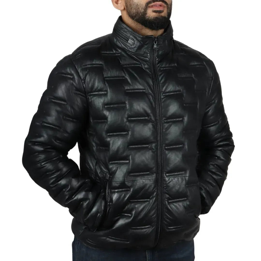 Men's Puffer Quilted Real Leather Waist Length Jacket