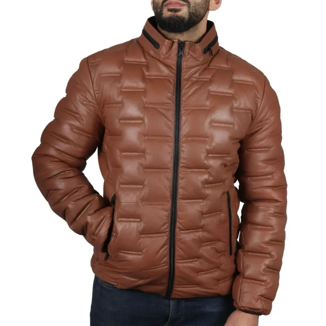 Men's Puffer Quilted Real Leather Waist Length Jacket