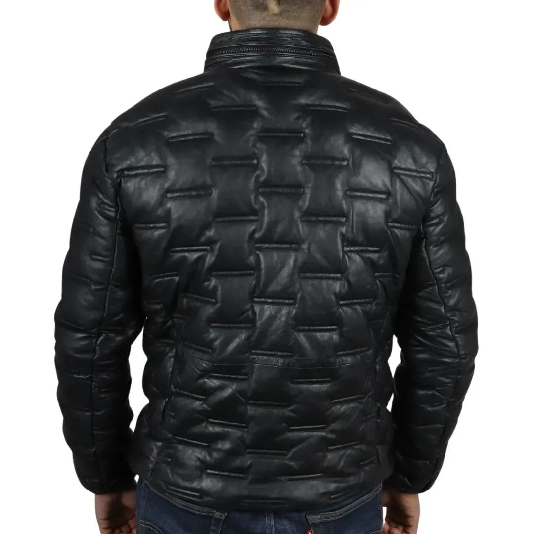 Men's Puffer Quilted Real Leather Waist Length Jacket