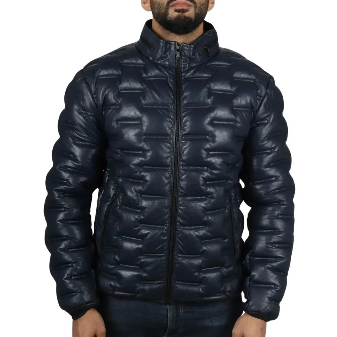 Men's Puffer Quilted Real Leather Waist Length Jacket