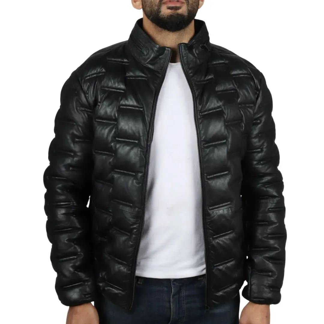 Men's Puffer Quilted Real Leather Waist Length Jacket