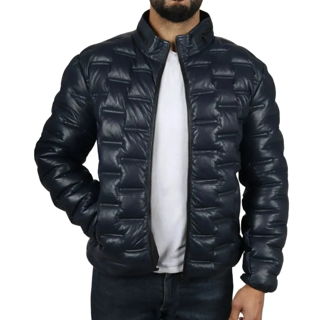Men's Puffer Quilted Real Leather Waist Length Jacket