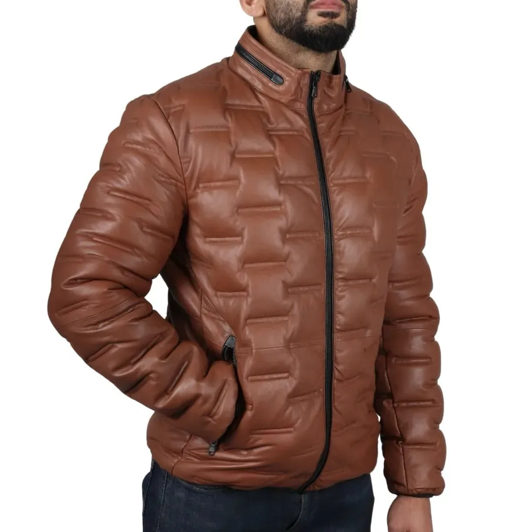 Men's Puffer Quilted Real Leather Waist Length Jacket
