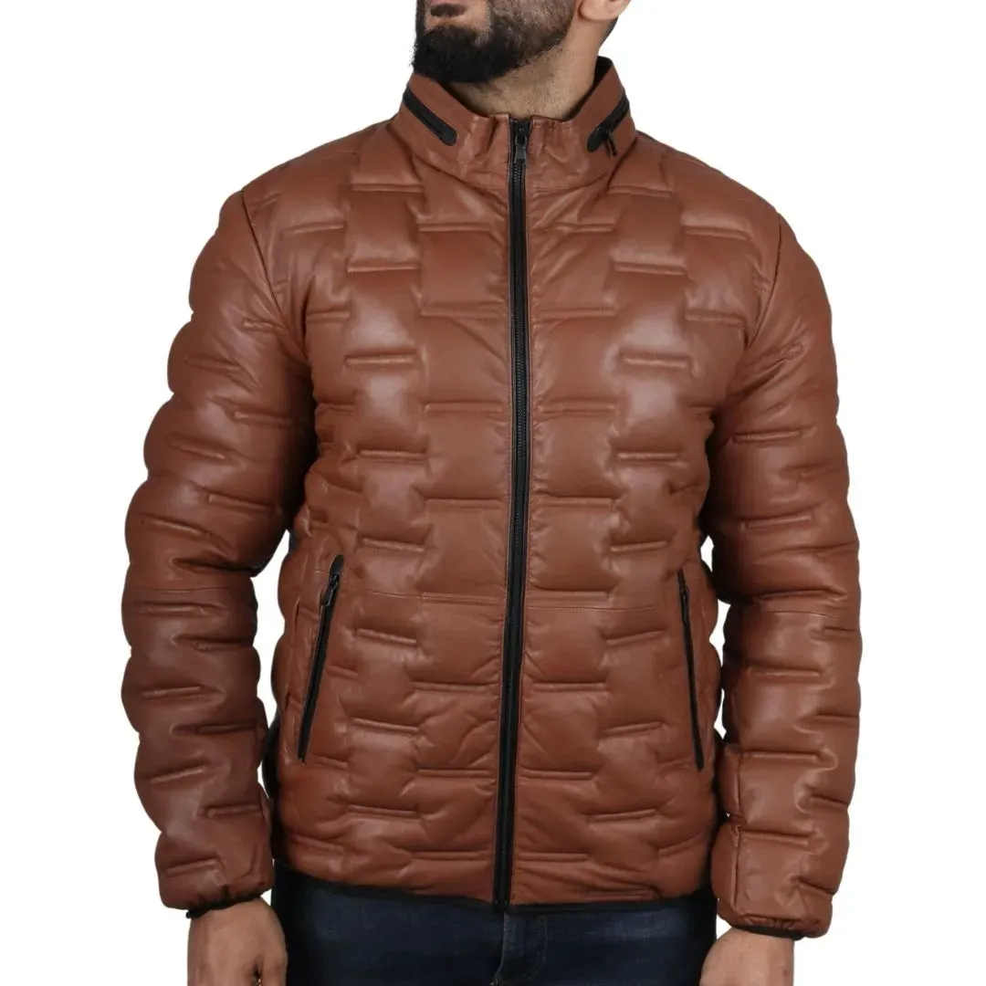 Men's Puffer Quilted Real Leather Waist Length Jacket
