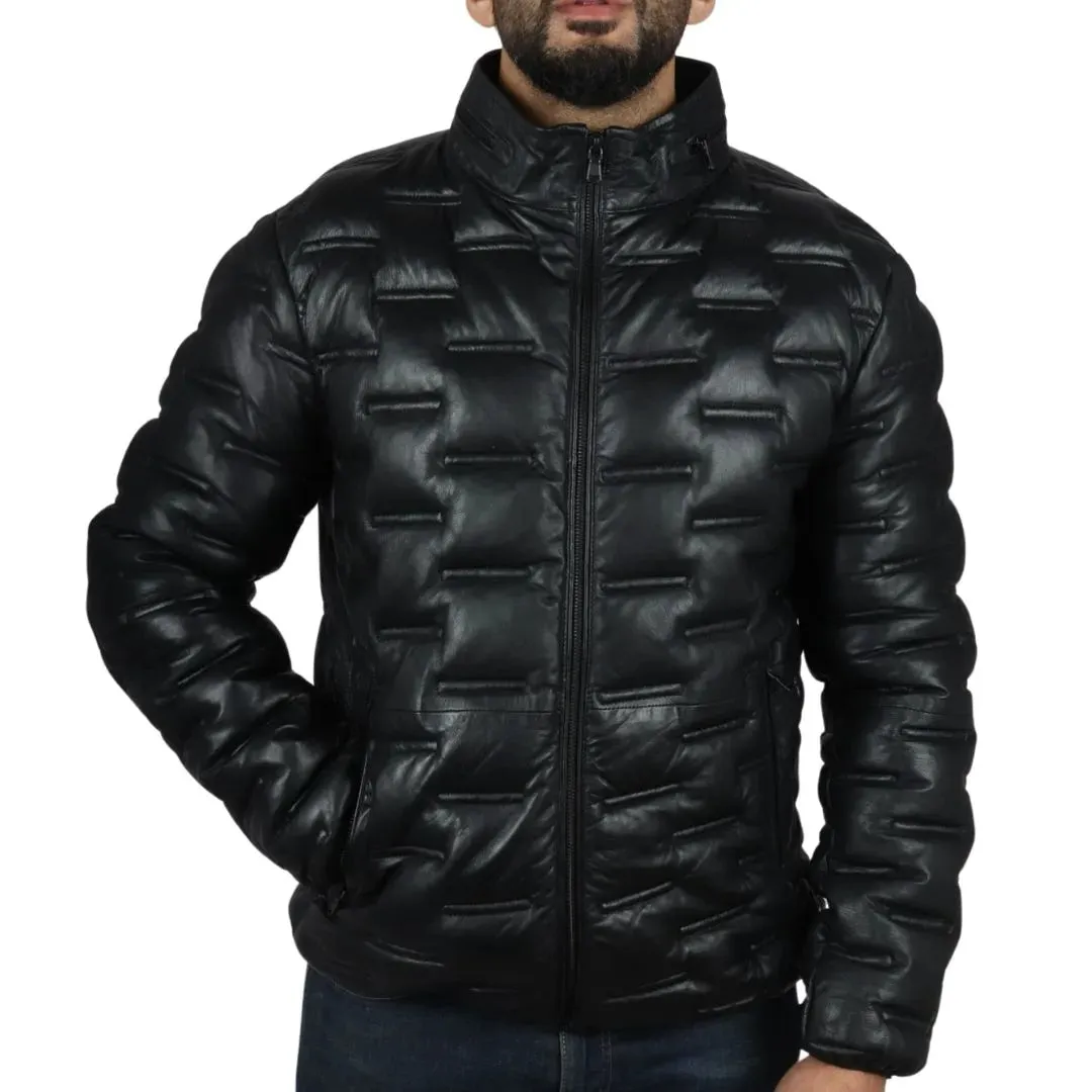 Men's Puffer Quilted Real Leather Waist Length Jacket