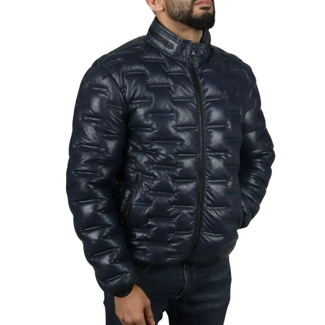 Men's Puffer Quilted Real Leather Waist Length Jacket