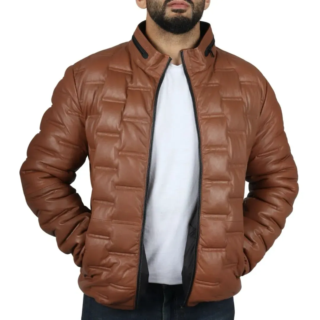 Men's Puffer Quilted Real Leather Waist Length Jacket