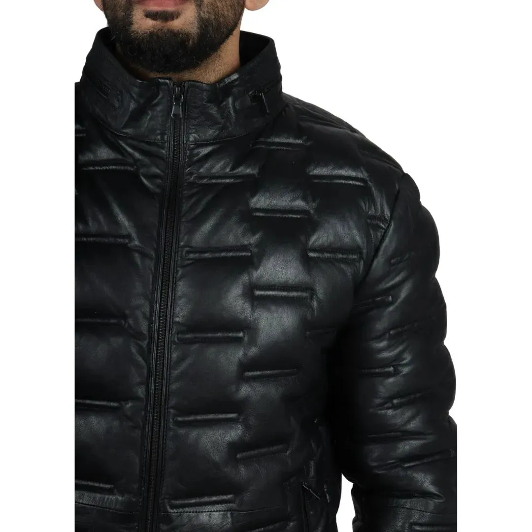 Men's Puffer Quilted Real Leather Waist Length Jacket