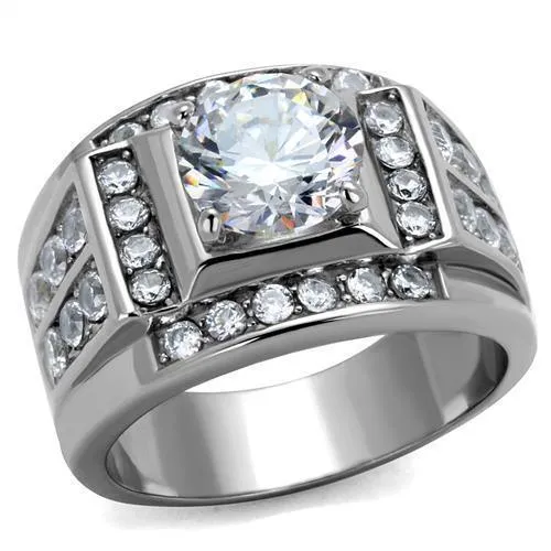 Mens Silver Rhinestone Jeweled Ring Stainless Steel