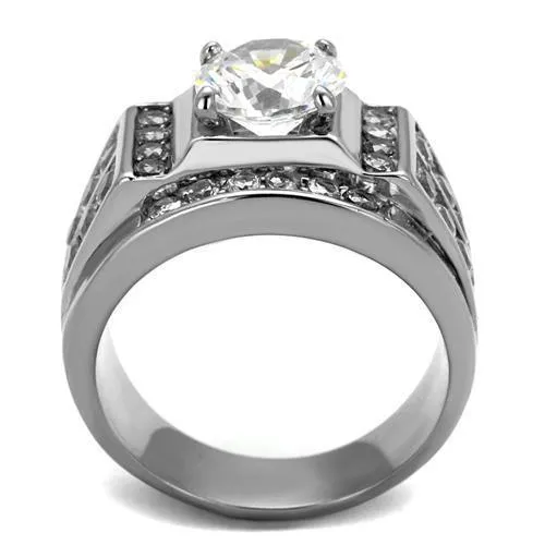 Mens Silver Rhinestone Jeweled Ring Stainless Steel