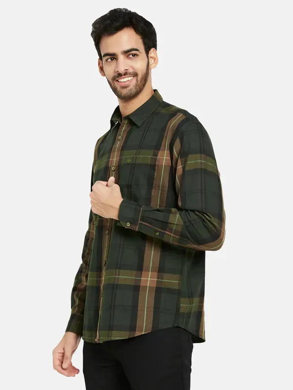 Mettle Men Olive Green Tartan Checks Opaque Checked Casual Shirt