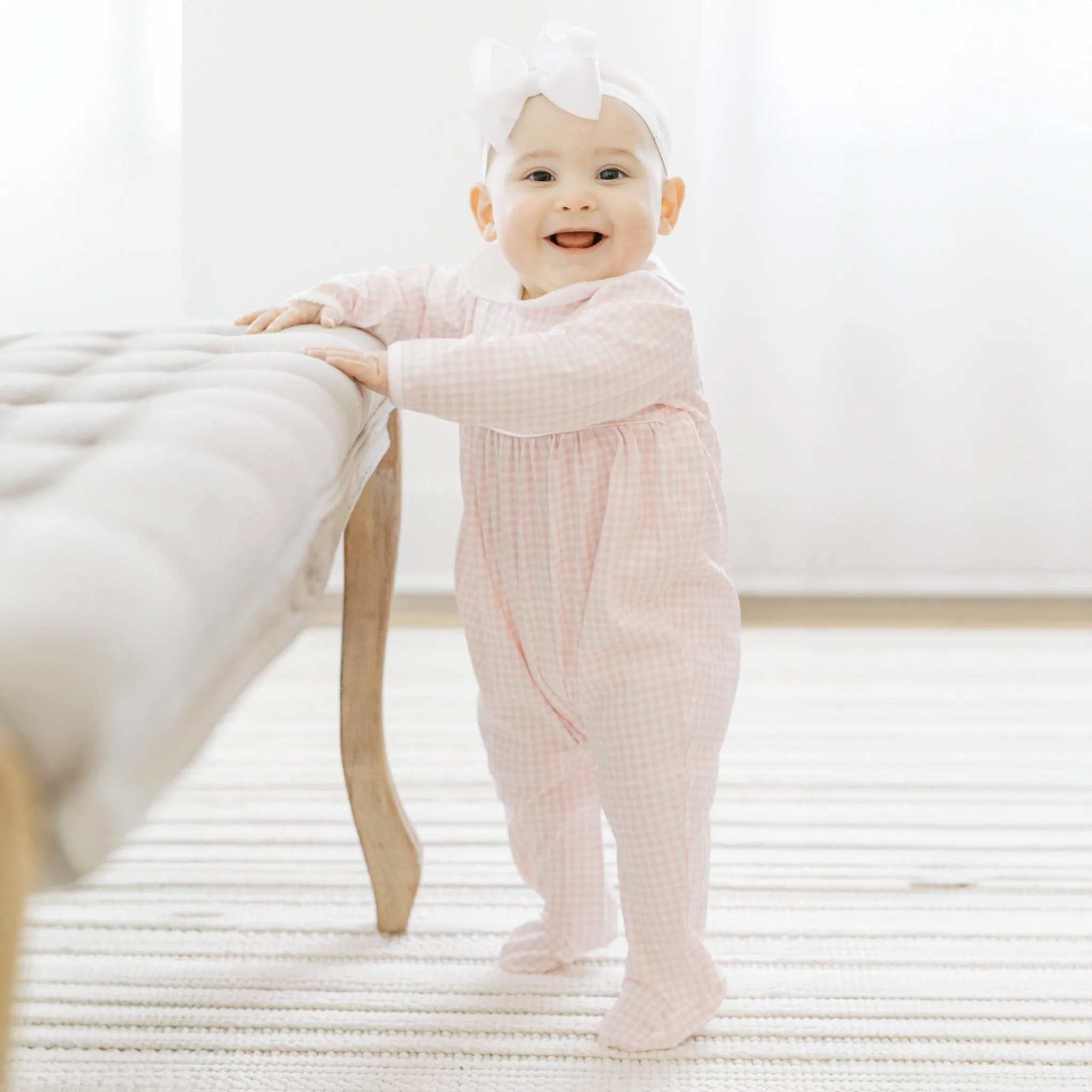 Mini Checks Collared Footie - Pink