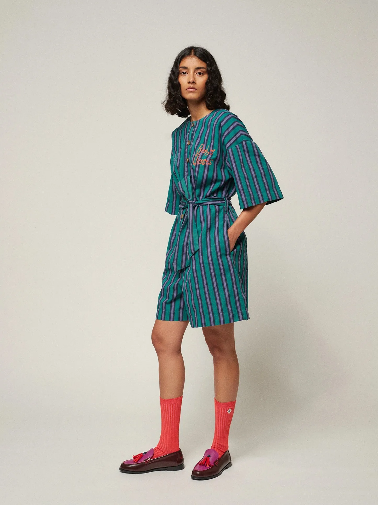 Multi striped buttoned short playsuit