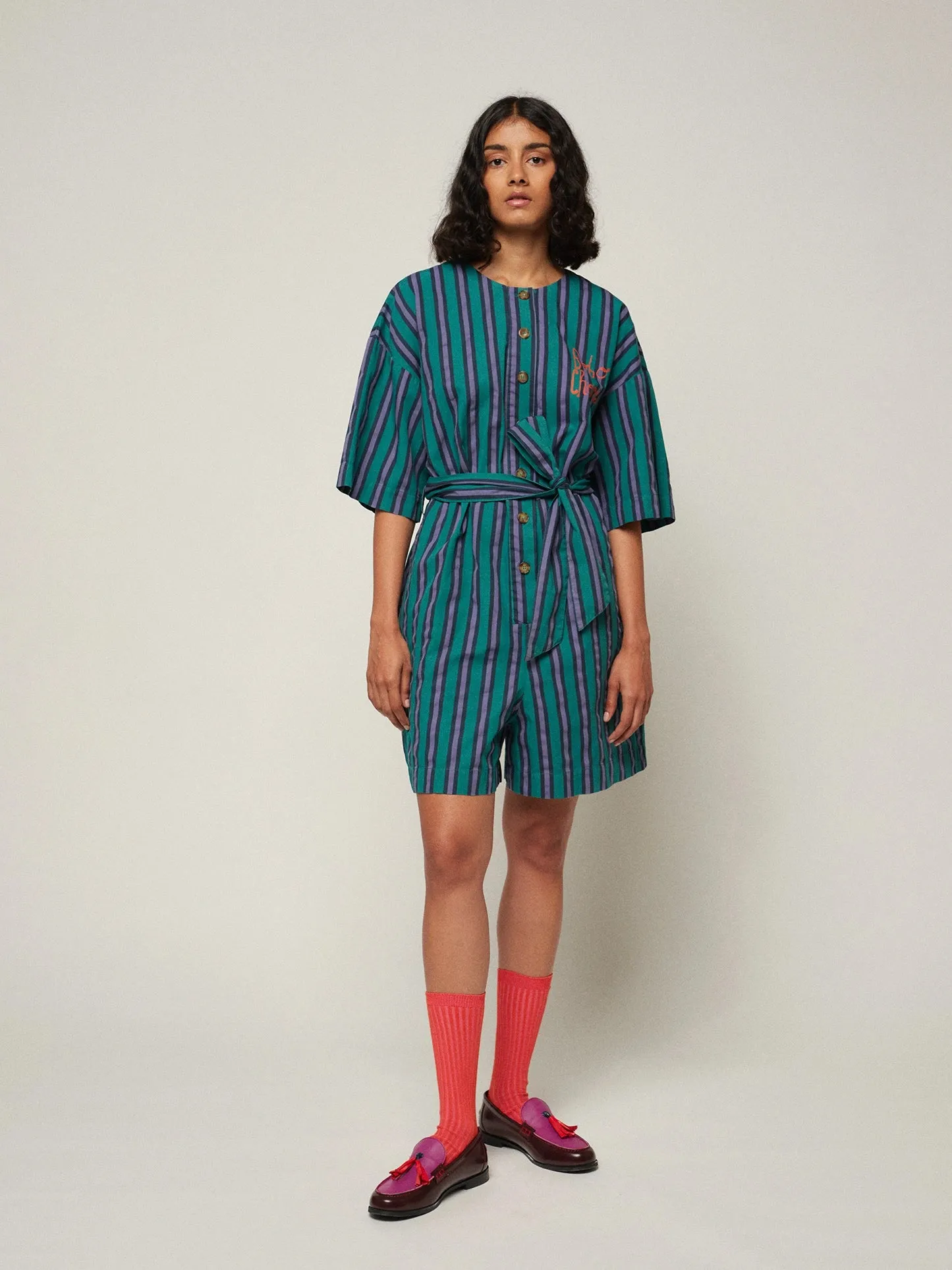 Multi striped buttoned short playsuit