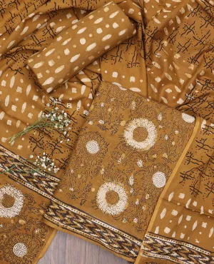 Mustard material chudidhar set, floral printed top, uniquely printed bottom & geometric printed dupatta