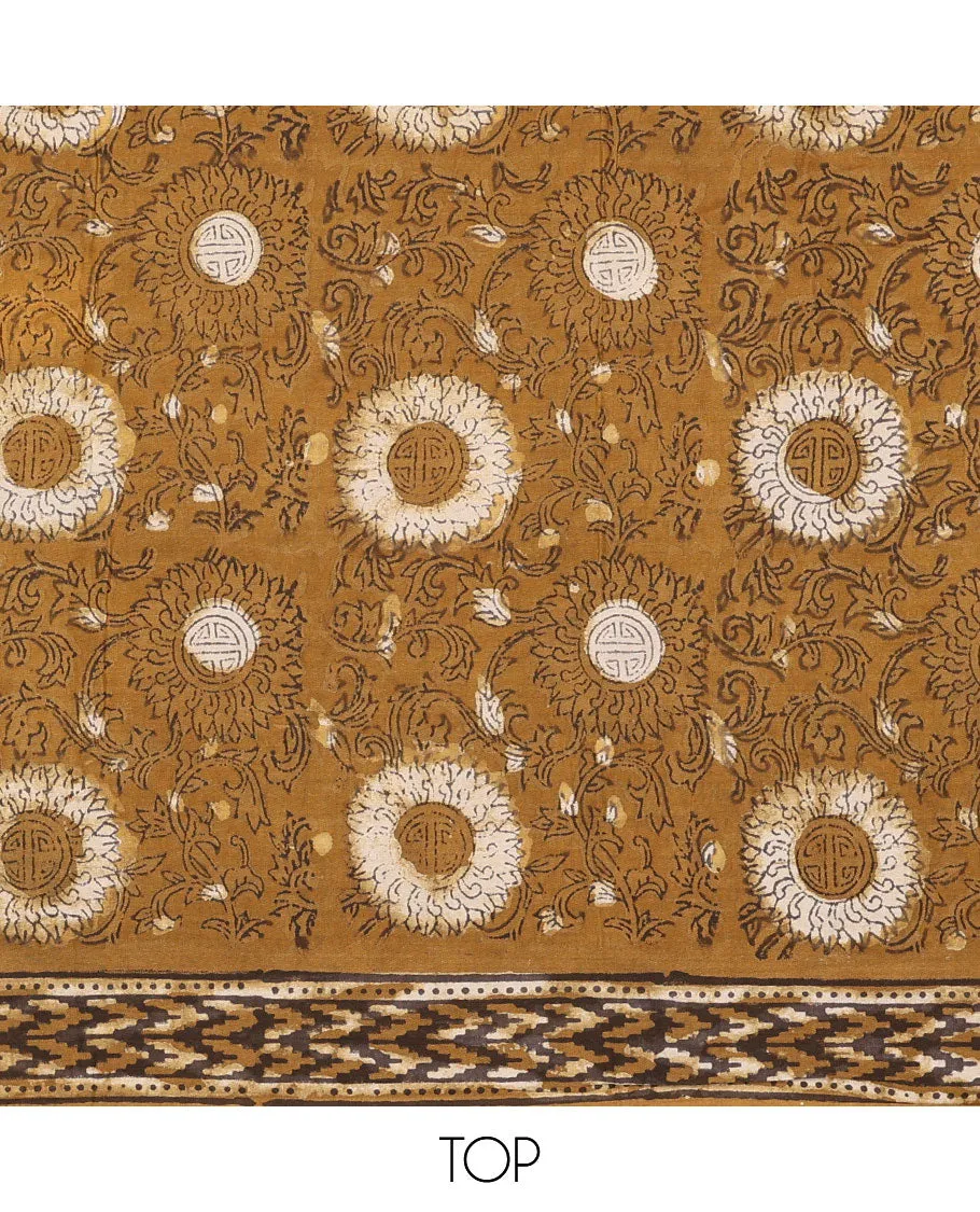 Mustard material chudidhar set, floral printed top, uniquely printed bottom & geometric printed dupatta