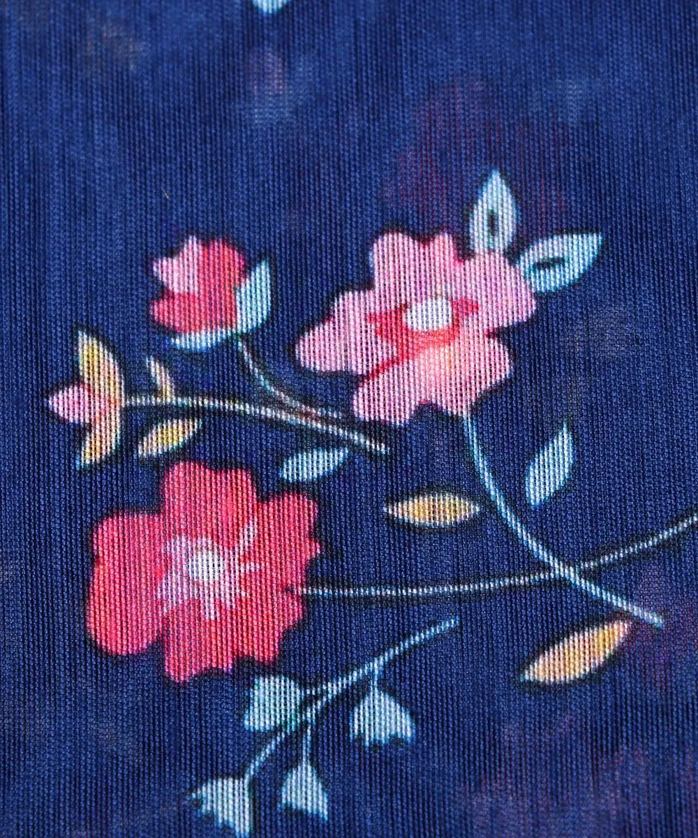 Navy Blue Colour Floral Print Chanderi Cotton Fabric