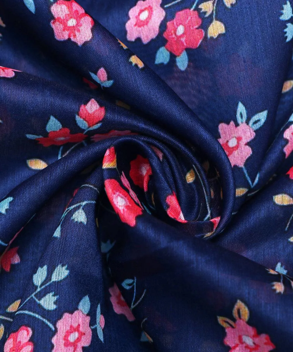 Navy Blue Colour Floral Print Chanderi Cotton Fabric