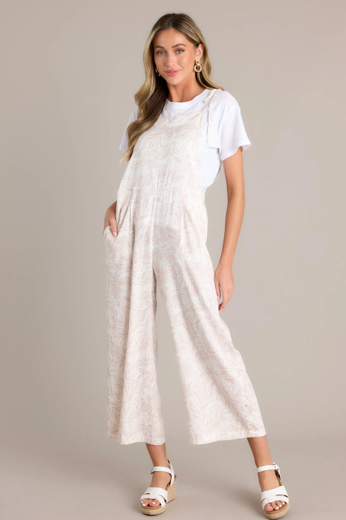 Palm Escape Natural Tropical Print Overalls