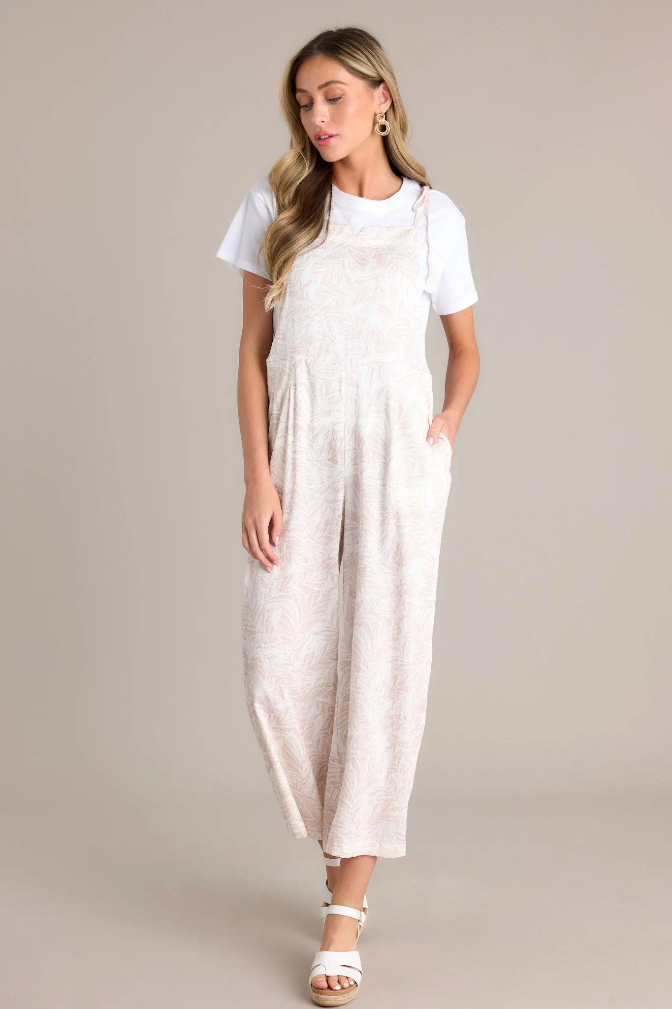 Palm Escape Natural Tropical Print Overalls
