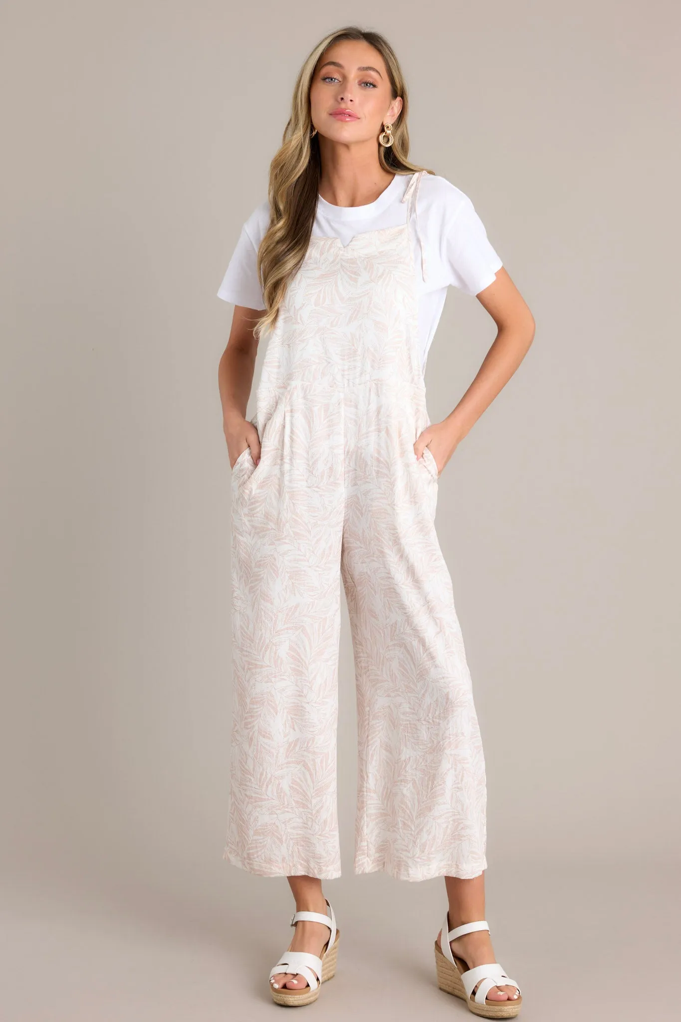 Palm Escape Natural Tropical Print Overalls