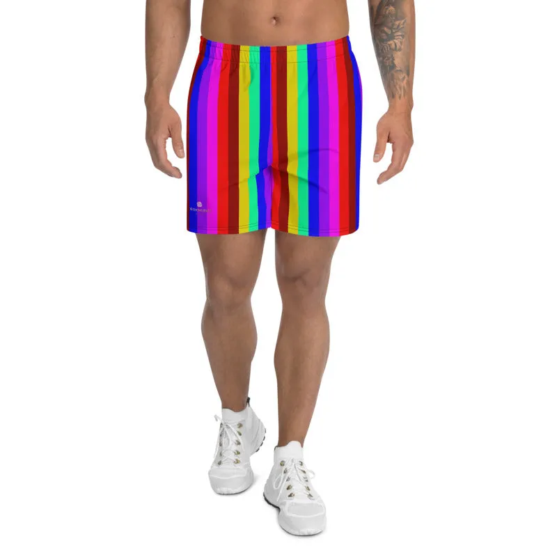 Rainbow Striped Shorts, Gay Pride LGBTQ Friendly Men's Athletic Long Shorts-Made in USA/ MX/ EU