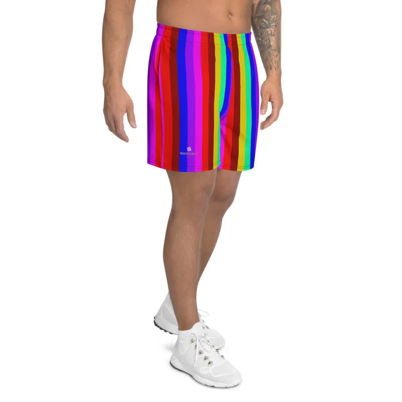 Rainbow Striped Shorts, Gay Pride LGBTQ Friendly Men's Athletic Long Shorts-Made in USA/ MX/ EU