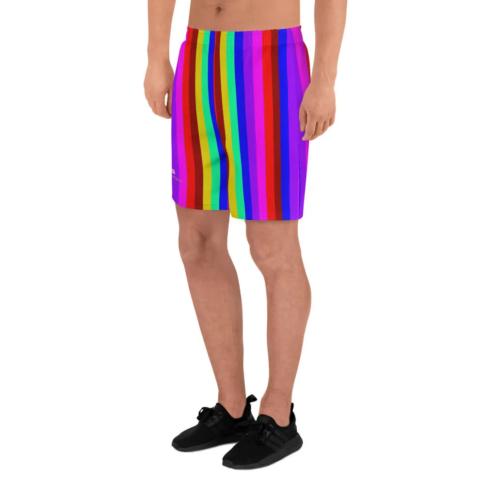 Rainbow Striped Shorts, Gay Pride LGBTQ Friendly Men's Athletic Long Shorts-Made in USA/ MX/ EU