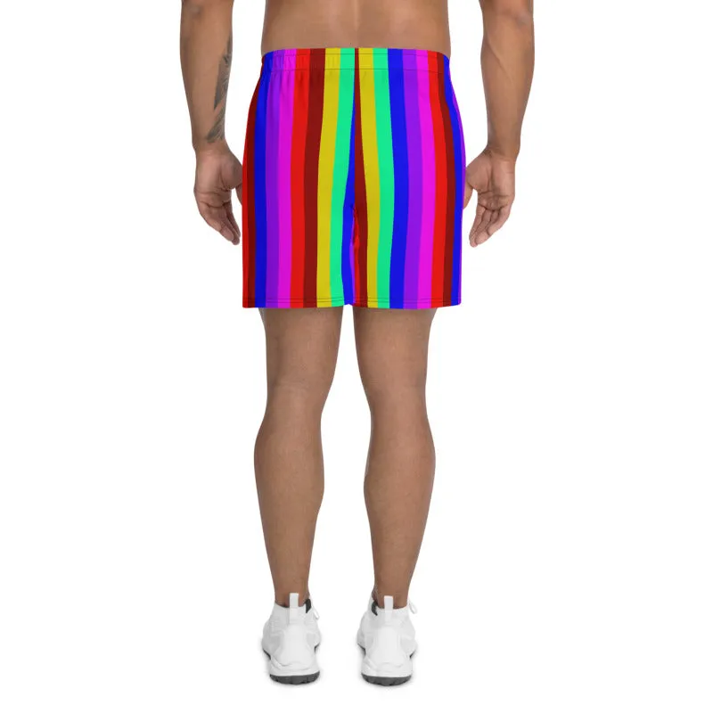 Rainbow Striped Shorts, Gay Pride LGBTQ Friendly Men's Athletic Long Shorts-Made in USA/ MX/ EU