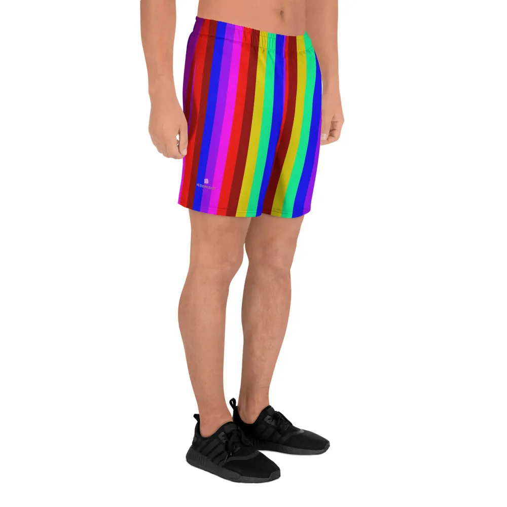 Rainbow Striped Shorts, Gay Pride LGBTQ Friendly Men's Athletic Long Shorts-Made in USA/ MX/ EU