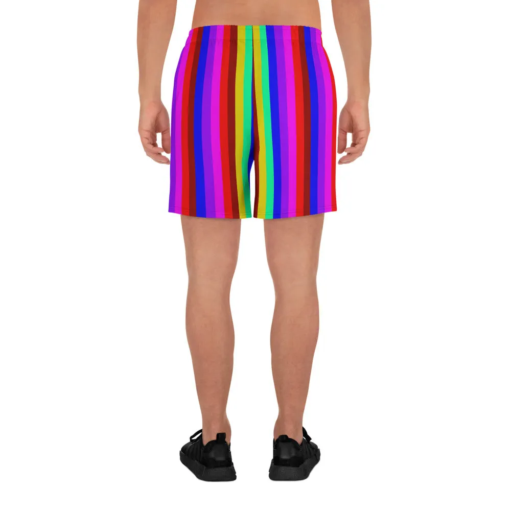 Rainbow Striped Shorts, Gay Pride LGBTQ Friendly Men's Athletic Long Shorts-Made in USA/ MX/ EU