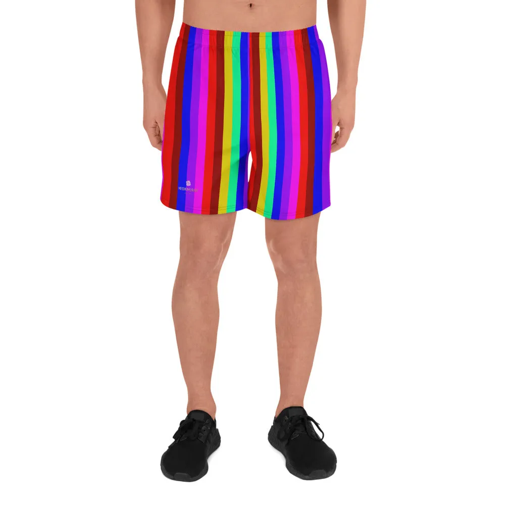 Rainbow Striped Shorts, Gay Pride LGBTQ Friendly Men's Athletic Long Shorts-Made in USA/ MX/ EU