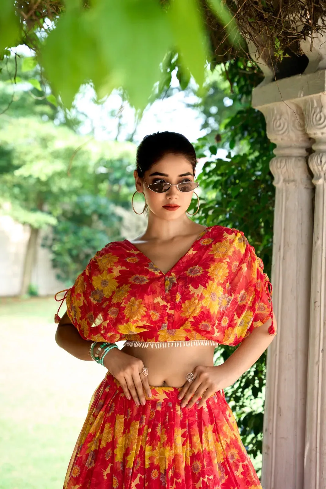 Ravishing Chiffon Red Floral Printed Lehenga Choli