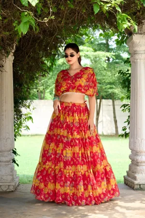 Ravishing Chiffon Red Floral Printed Lehenga Choli