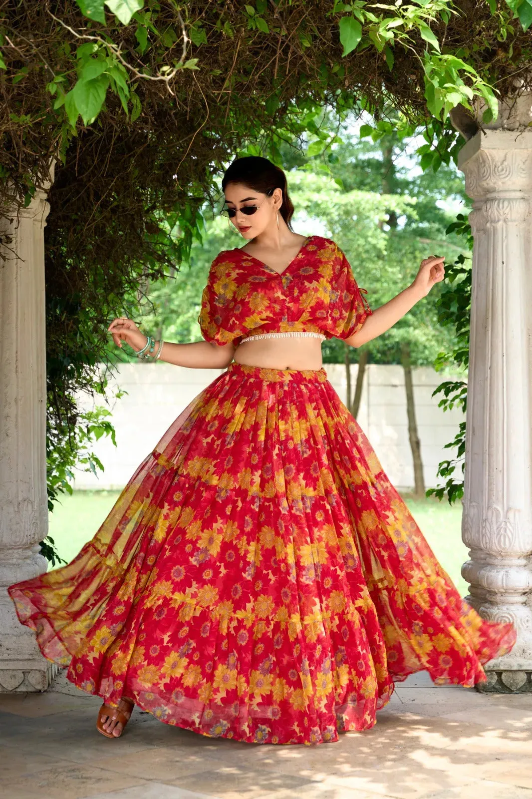 Ravishing Chiffon Red Floral Printed Lehenga Choli