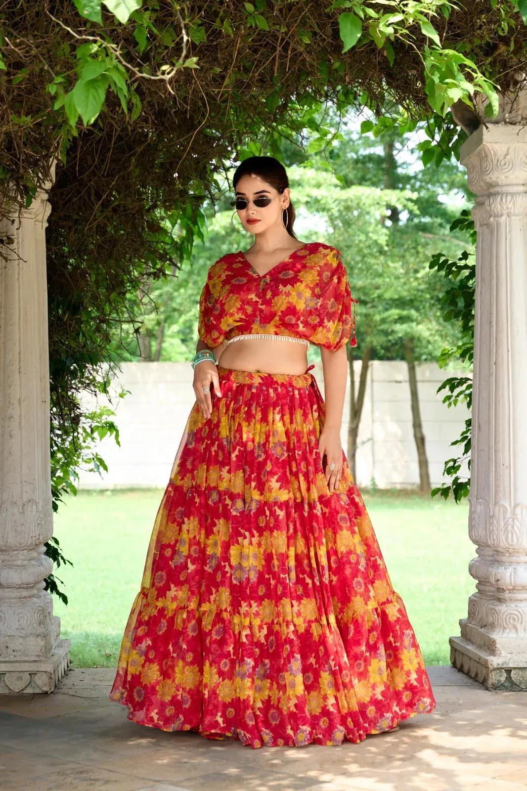 Ravishing Chiffon Red Floral Printed Lehenga Choli