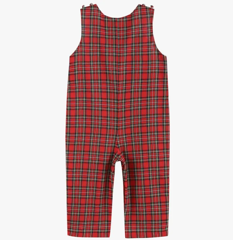 Red Christmas Plaid Santa Sleigh Smocked Overalls