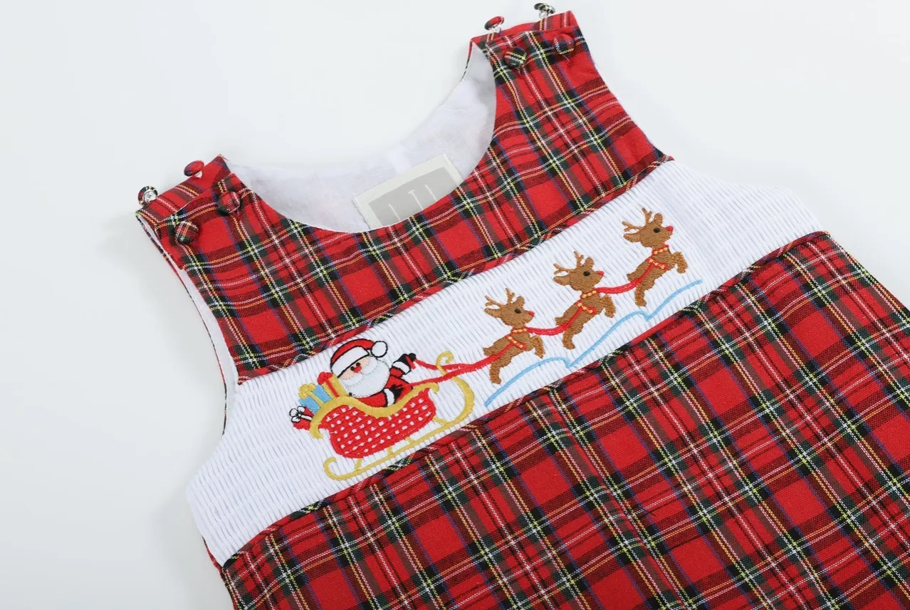 Red Christmas Plaid Santa Sleigh Smocked Overalls