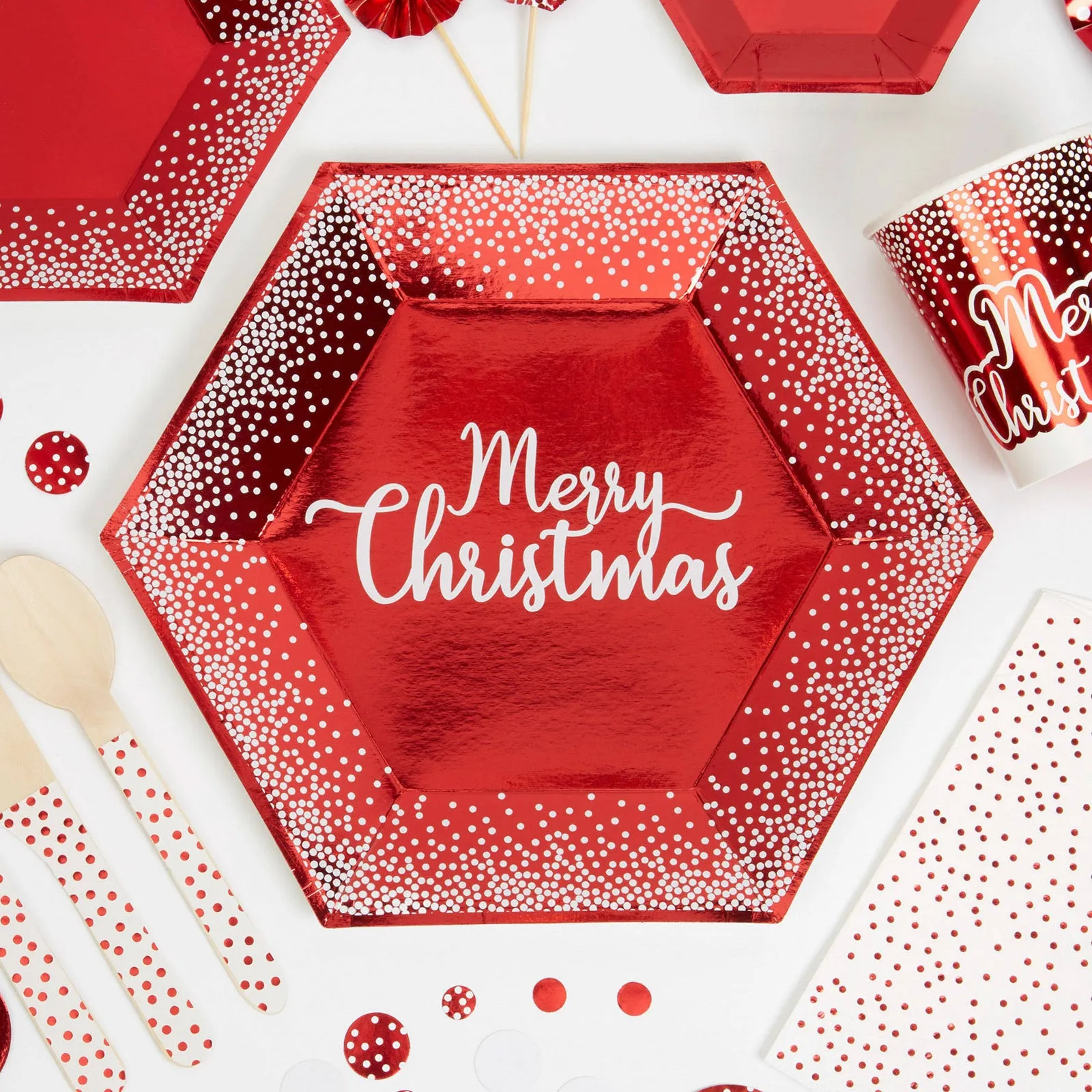 Red Merry Christmas Hexagon Large Paper Plates 8 Pack