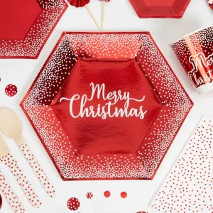 Red Merry Christmas Hexagon Large Paper Plates 8 Pack