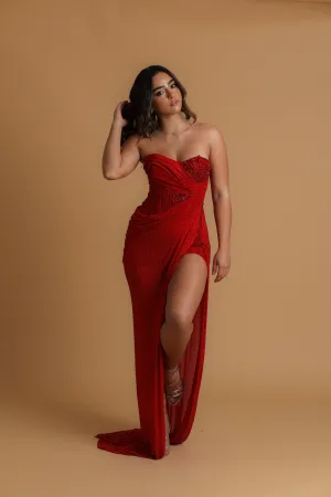 Red satin column shaped dress with  and high slit for hire