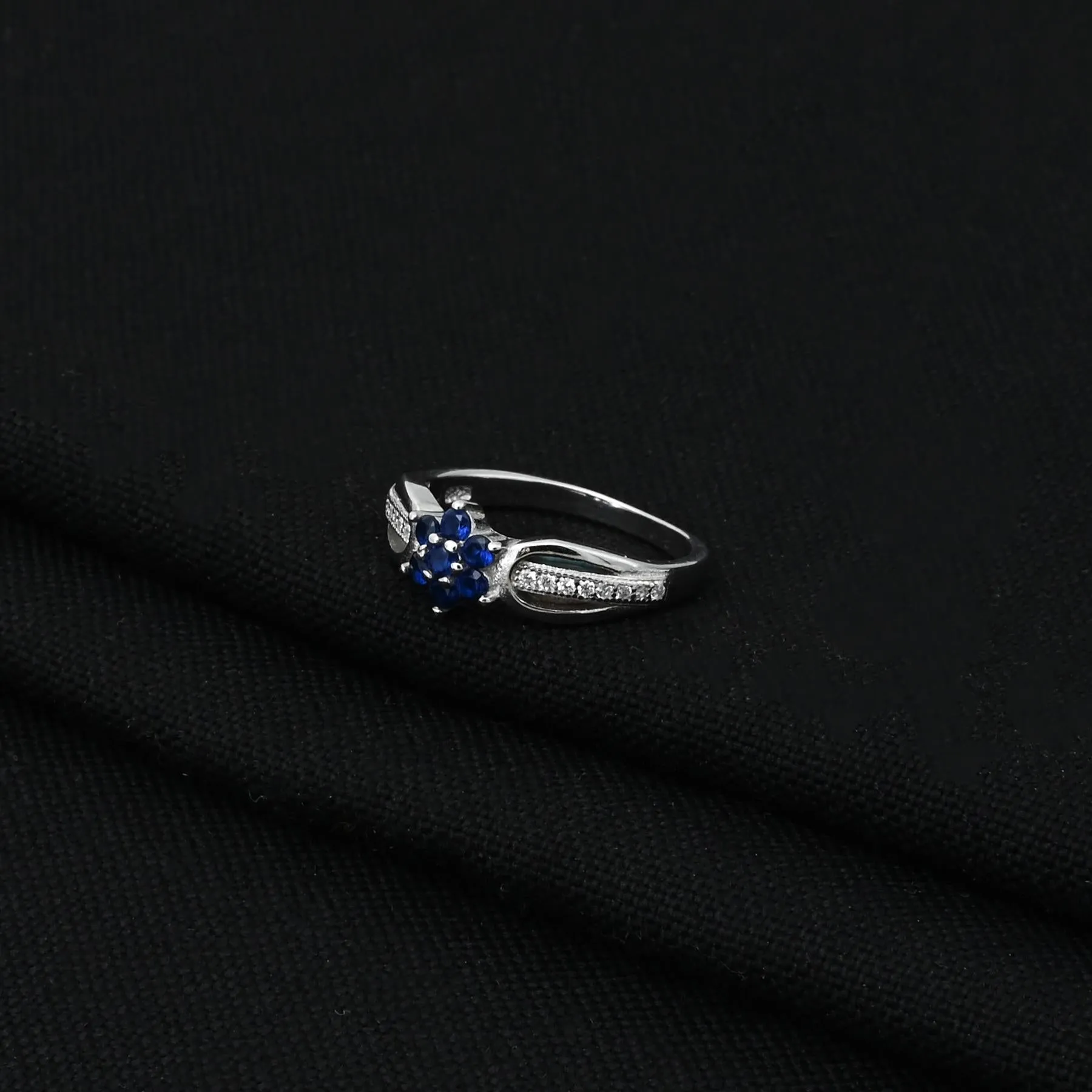 Sterling Silver Floral Blue Gems Ring for Her