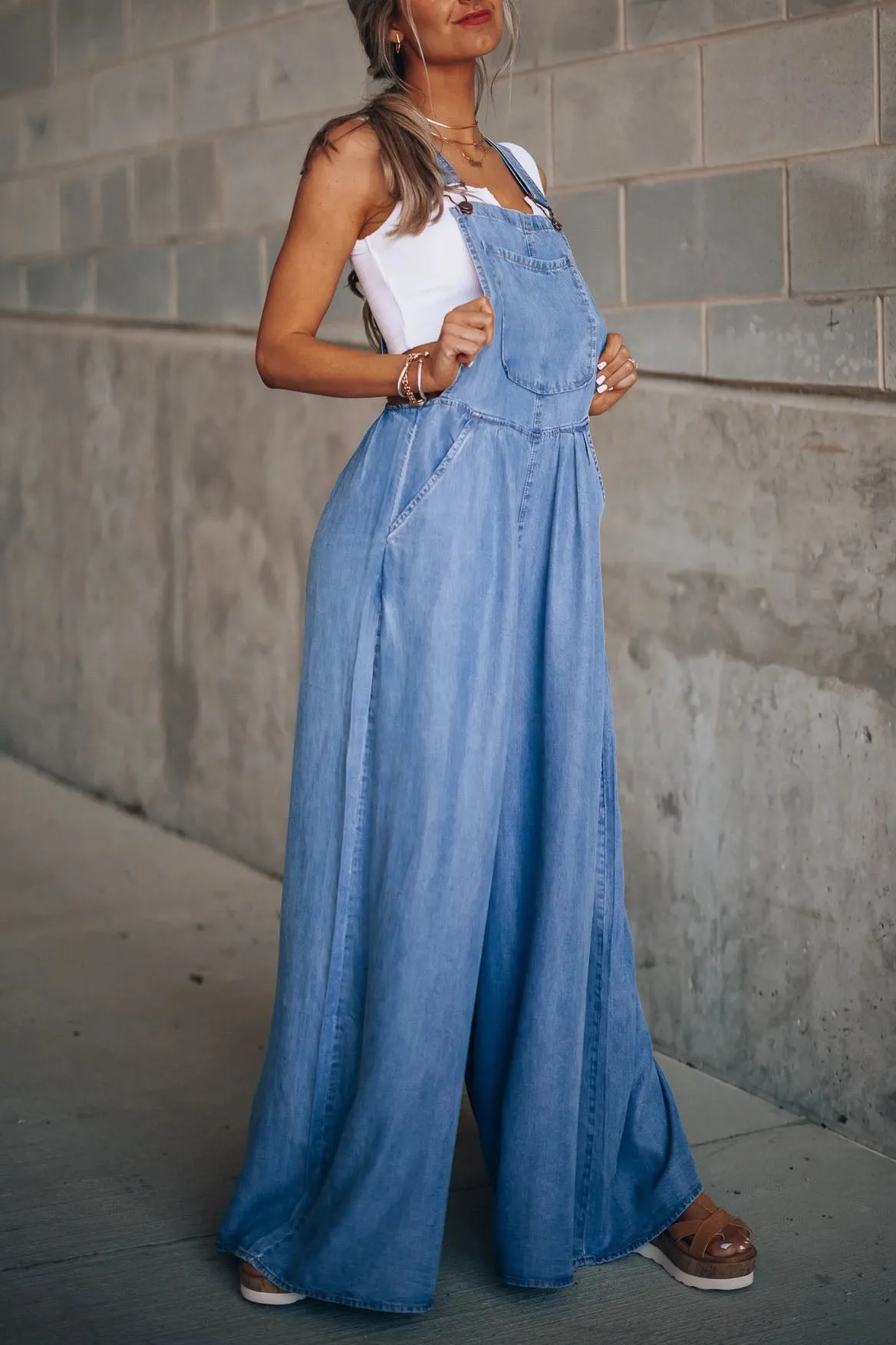 Strappy Wide Leg Denim Pants Overall