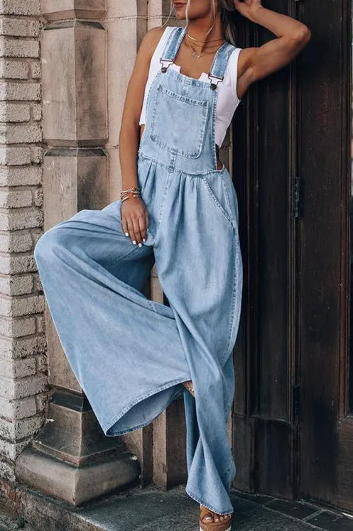 Strappy Wide Leg Denim Pants Overall