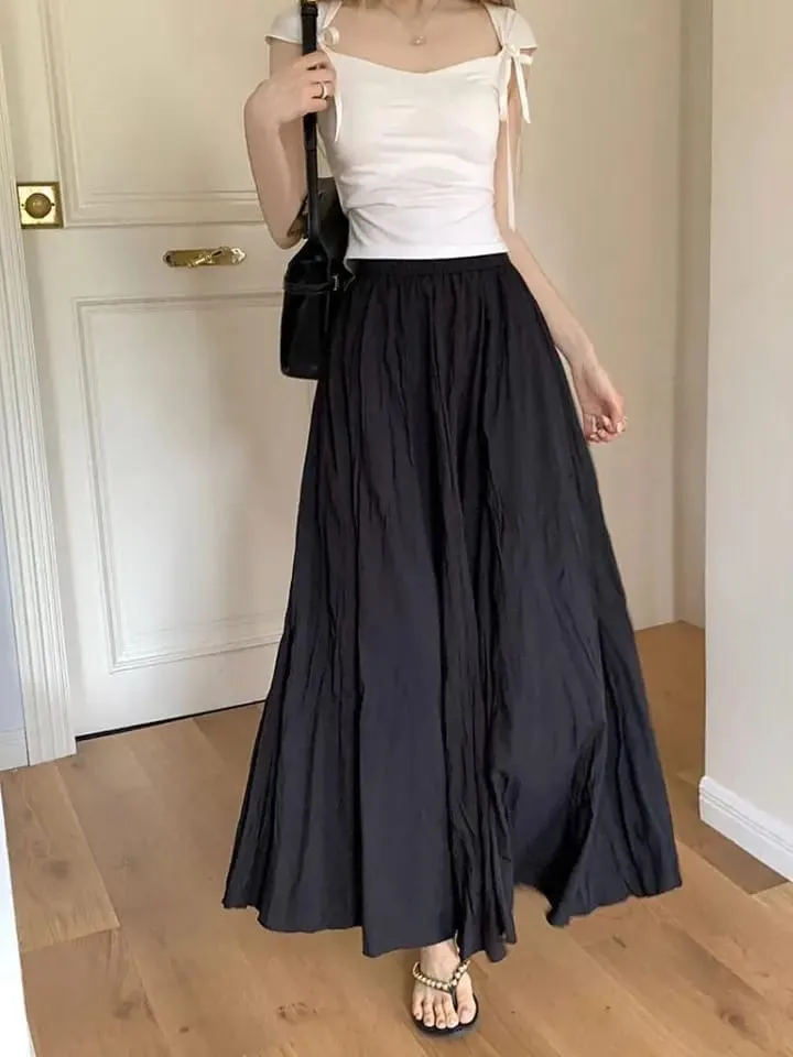 Summer Maxi Skirt Womens Casual Elastic High Waist Pleated A-line Skirts Streetwear Elegant Classic Skirt Female Clothing 3XL S4566503