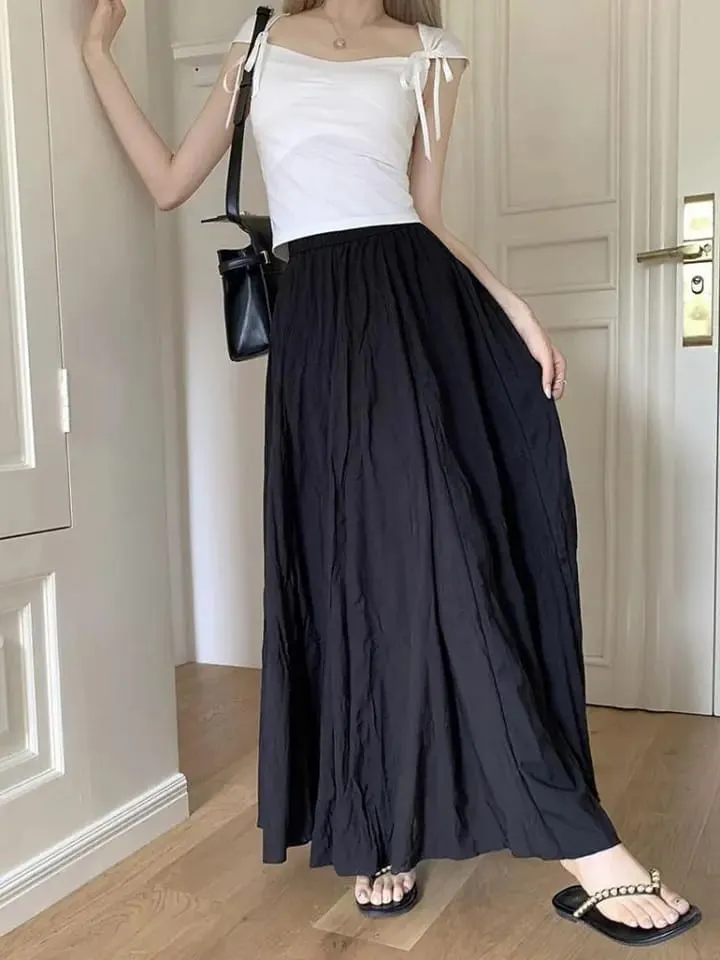 Summer Maxi Skirt Womens Casual Elastic High Waist Pleated A-line Skirts Streetwear Elegant Classic Skirt Female Clothing 3XL S4566503