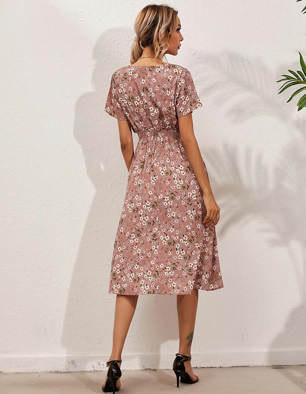 V Neck Disty Floral Printed Short Sleeve Midi A-Line Dresses